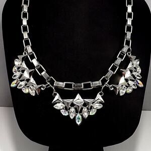 Silver Tone Statement Necklace, Aurora Borealis Rhinestones, 20 Inches